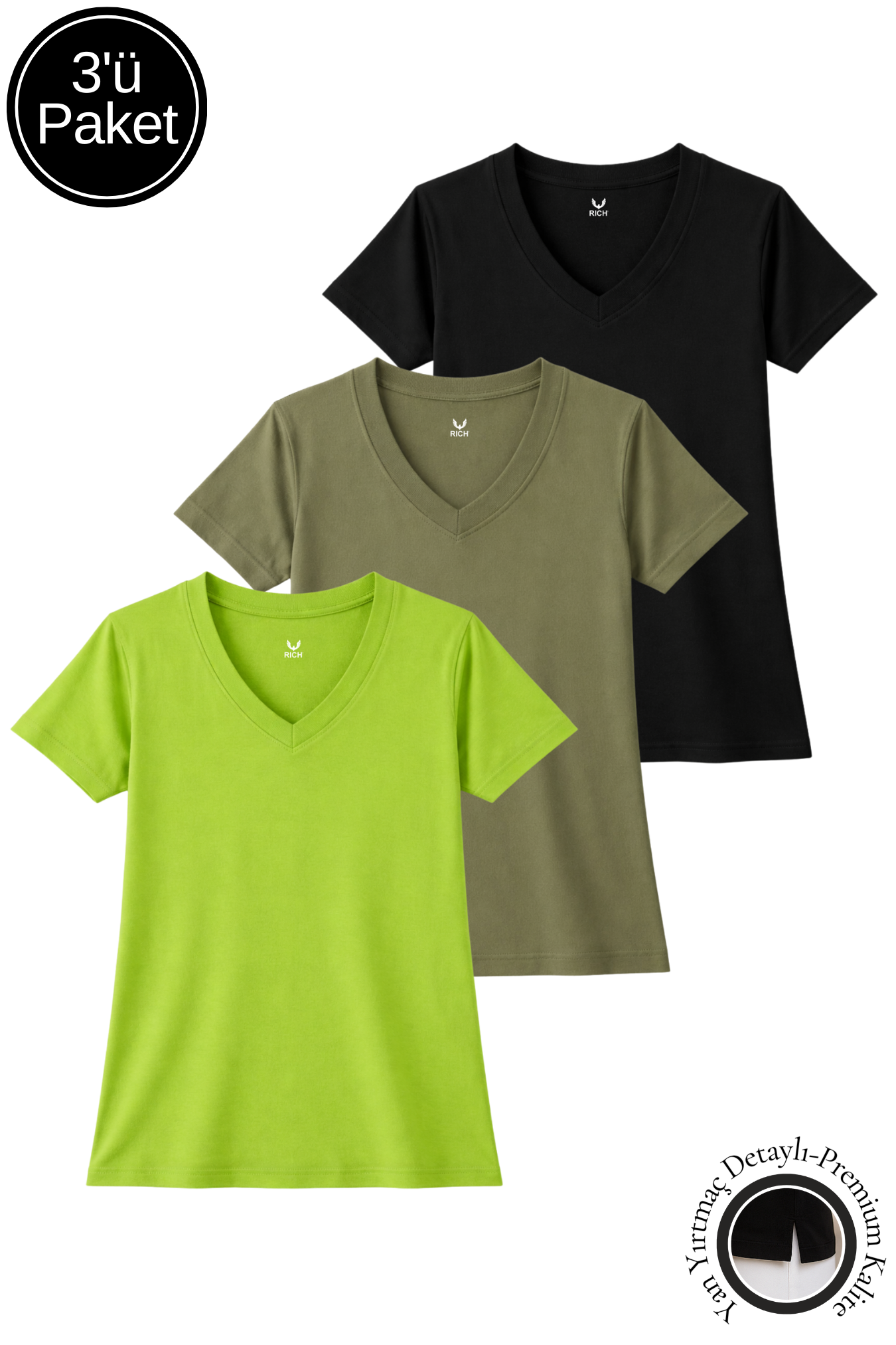 Kadın Siyah-Haki-Yeşil 3'lü Paket Yırtmaçlı Viskon V Yaka  T-Shirt