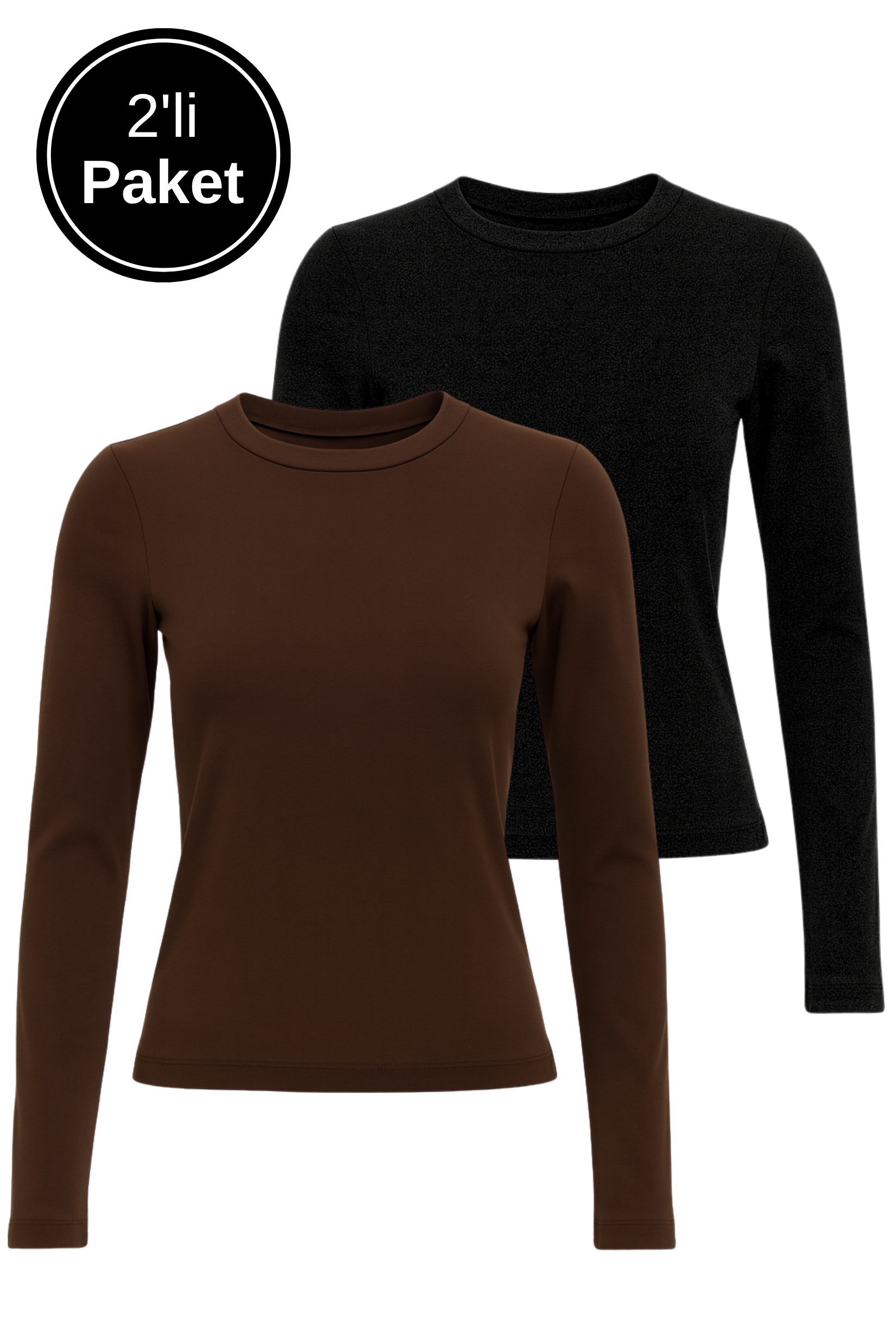Kadın Siyah-Kahverengi 2'li Paket Bisiklet Yaka Esnek Kumaşlı Vücuda Oturan Slim Fit Uzun Kollu Crop Body