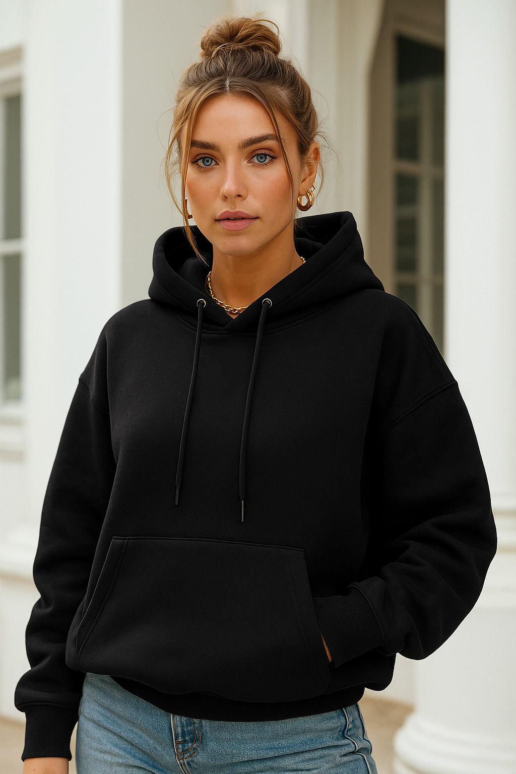 Kadın Siyah Kanguru Cepli Kapüşonlu Scuba Sweatshirt