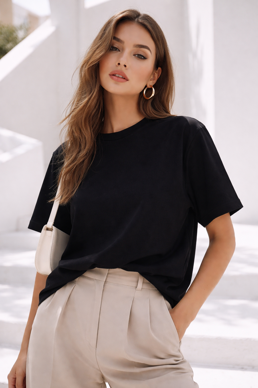 Kadın Siyah Premium Modal Kumaş Oversize T-Shirt