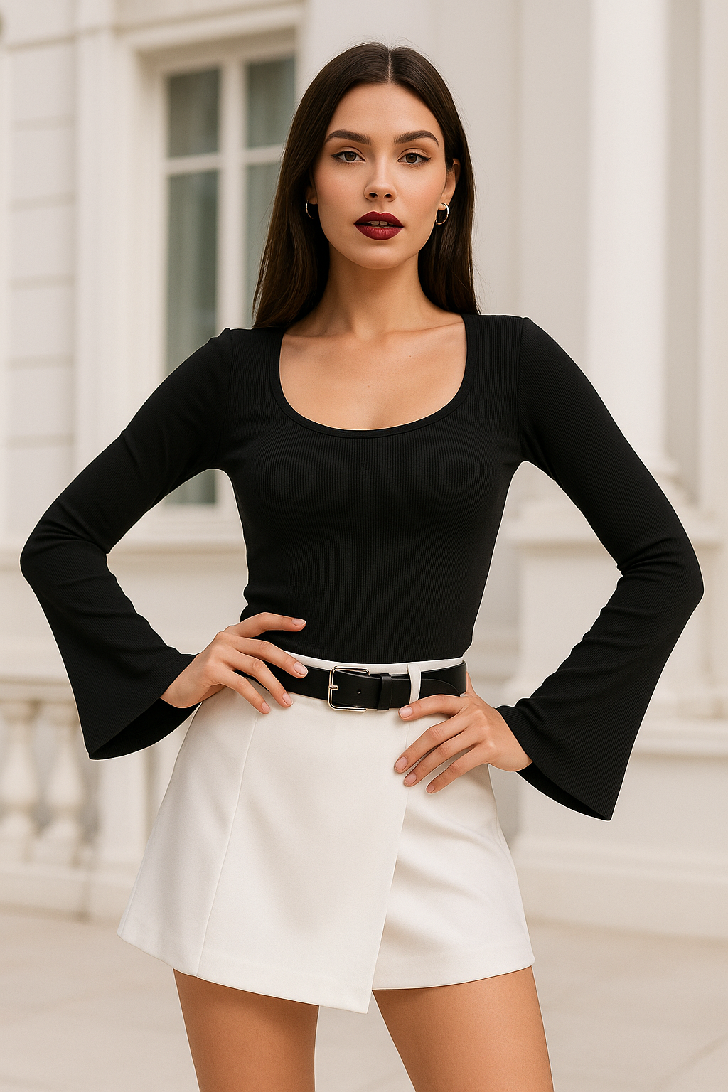 Kadın Siyah Soft Touch Fitilli Çan Kollu Bluz