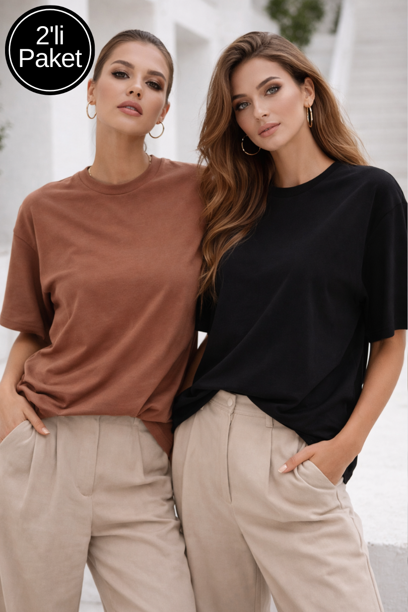 Kadın Siyah-Yavru ağzı 2'li Paket Premium Modal Kumaş Oversize Tişört