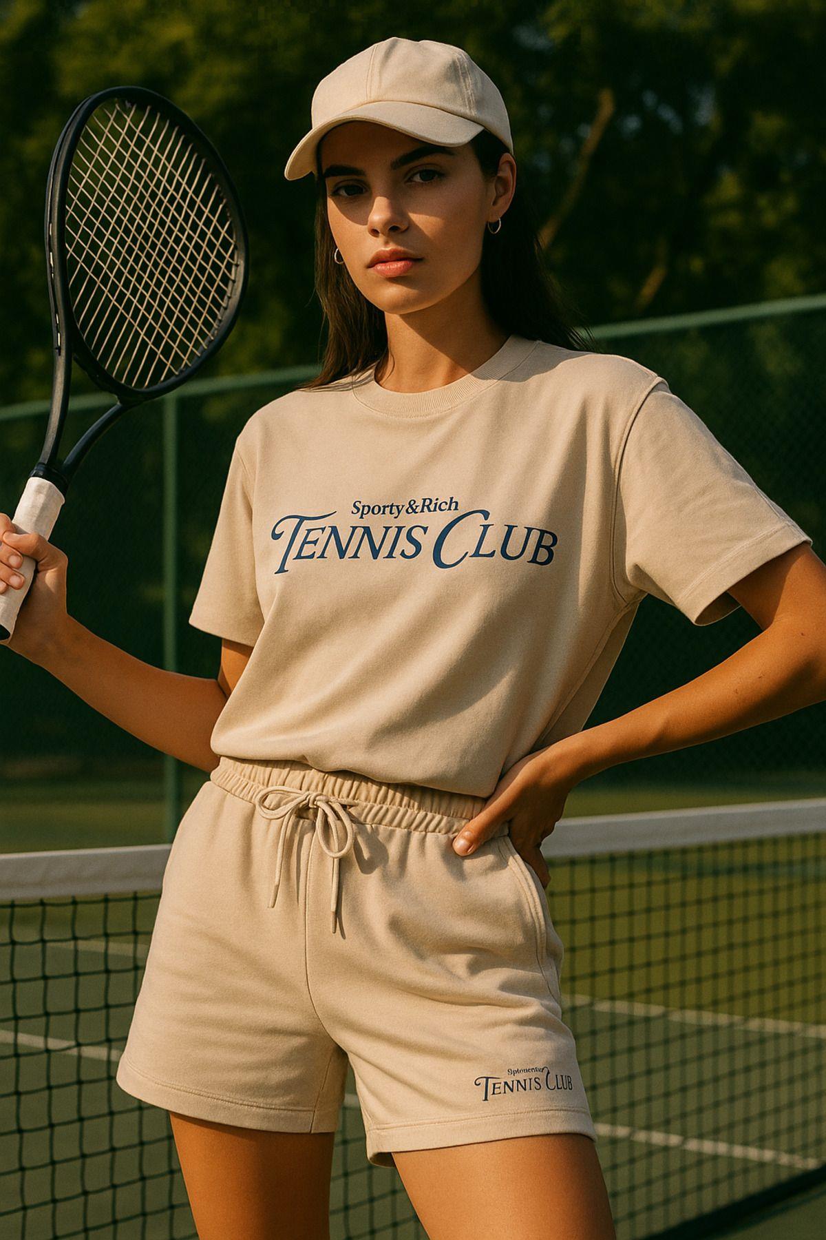 Kadın Sporty Kısa Kollu Bisiklet Yaka Oversize T-shirt ve Şortlu Alt Üst Takım Tenis İkili Takım
