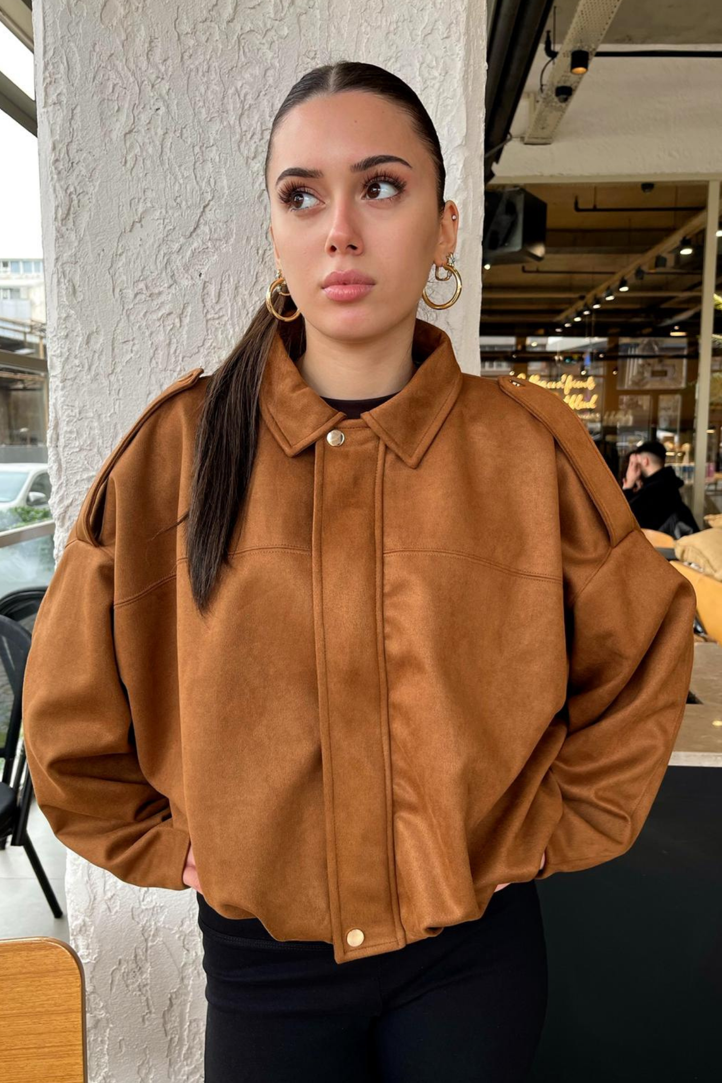 Kadın Taba Oversize Süet Bomber Ceket