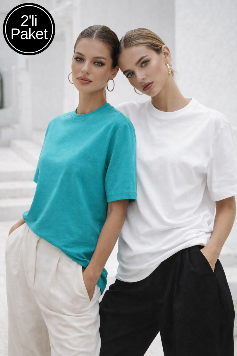 Kadın Turkuaz-Beyaz 2'li Paket Premium Modal Kumaş Oversize Tişört