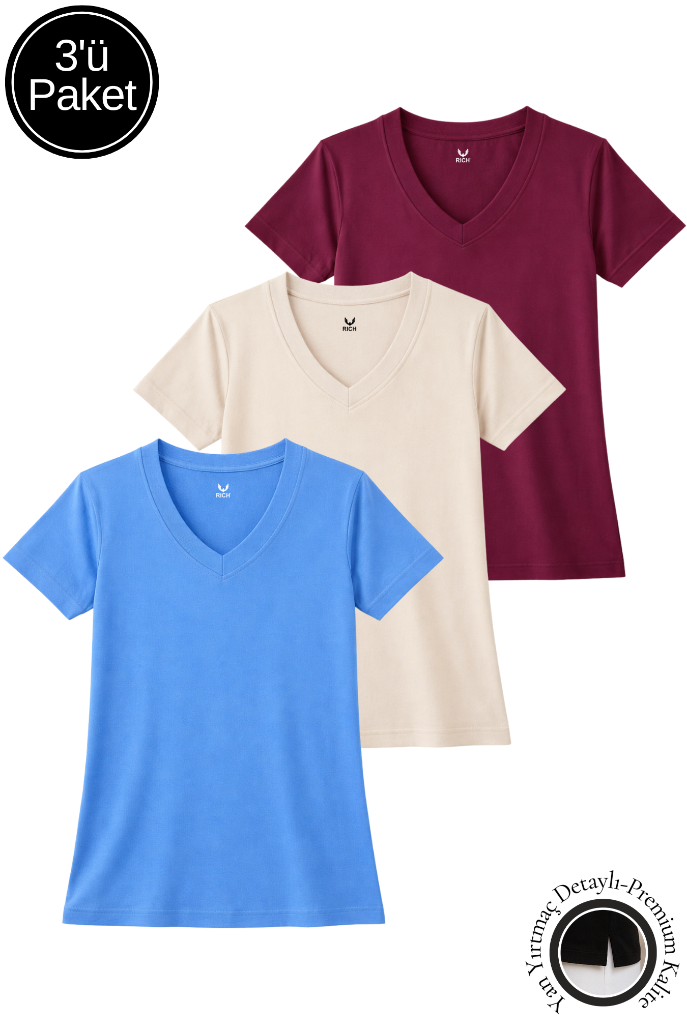 Kadın Vişne Çürüğü-Bej Mavi 3'lü Paket Yırtmaçlı Viskon V Yaka  T-Shirt