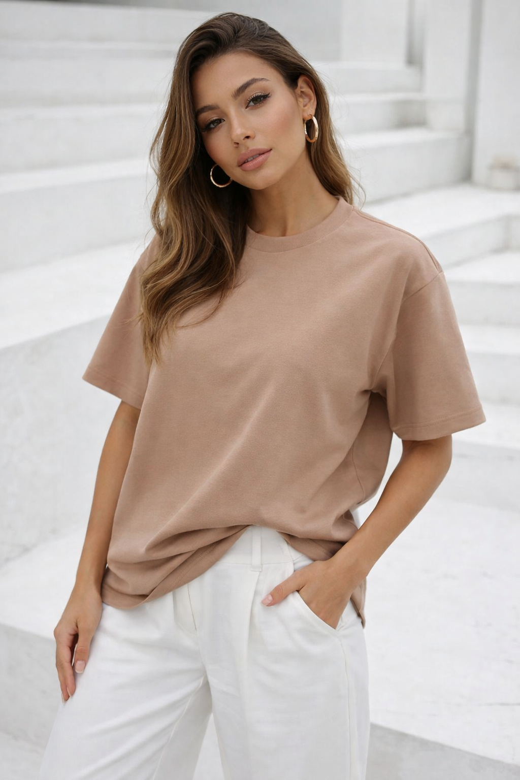 Kadın Vizon Premium Modal Kumaş Oversize T-Shirt