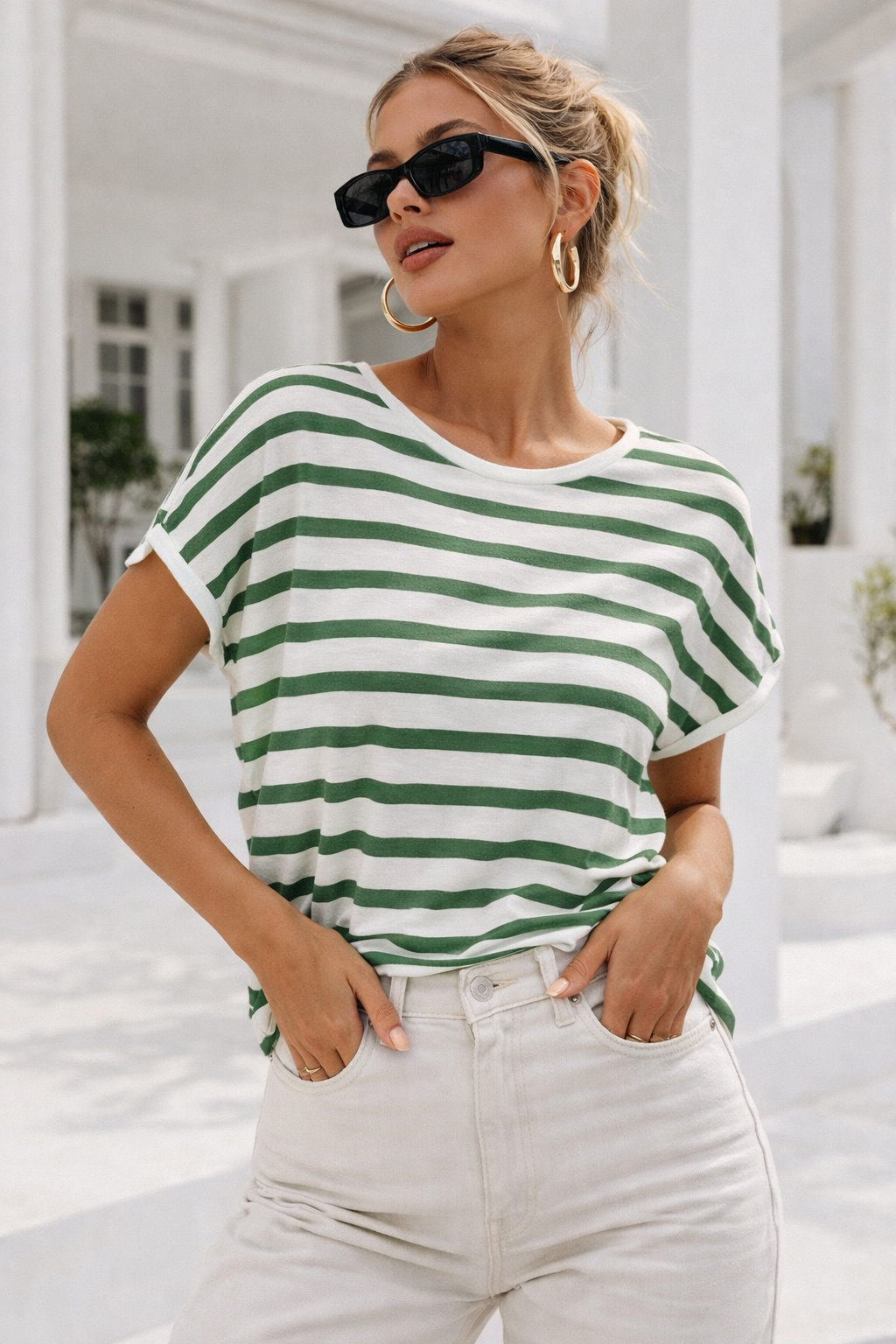 Kadın Yeşil Beyaz Çizgili Yarasa Kol T-Shirt | Şık Basic Tişört