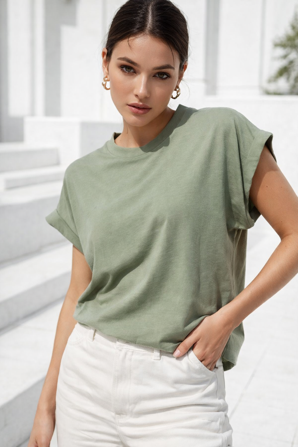Kadın Yeşil Pamuklu Duble Kol Detaylı Rahat Kalıp T-Shirt