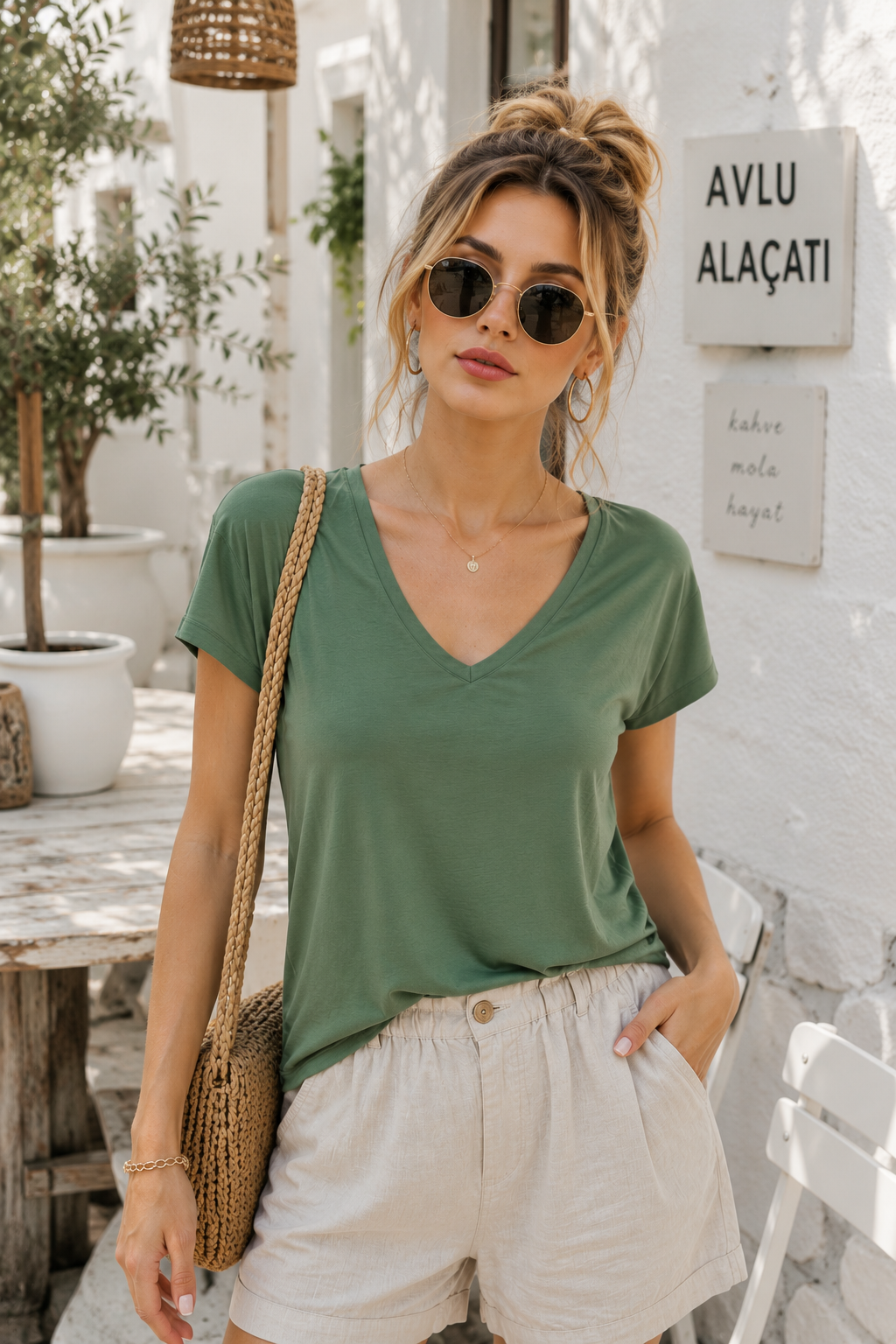 Kadın Yeşil Viskon Ön Arka V Yakalı T-shirt Yarasa Kol Relaxed Bluz
