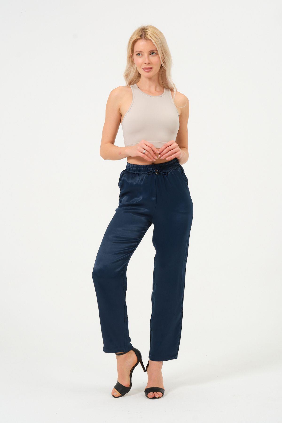 Kadın Yüksek Bel Parlak Saten Pantalon