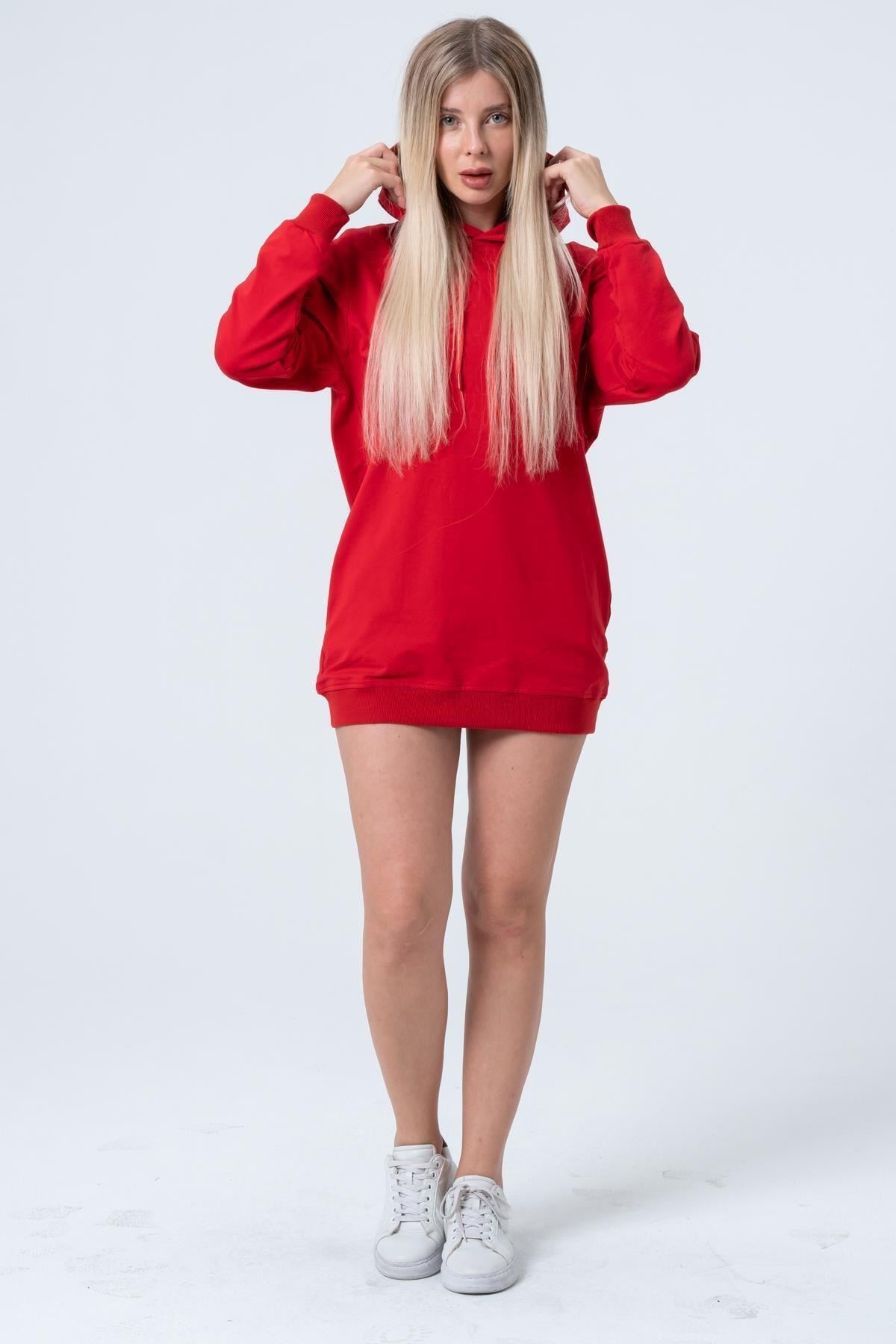 Kırmızı Uzun Sweatshirt Elbise Tunik Uzun Kollu Yandan Cepli
