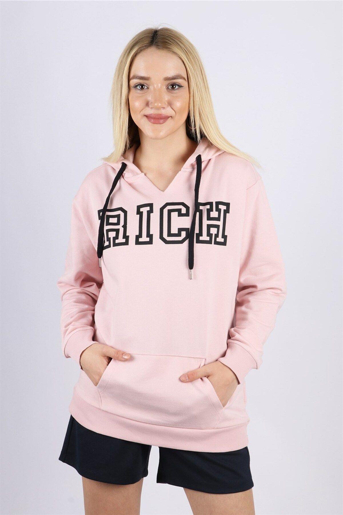Pudra Kadın Baskılı Kapüşonlu Sweatshirt