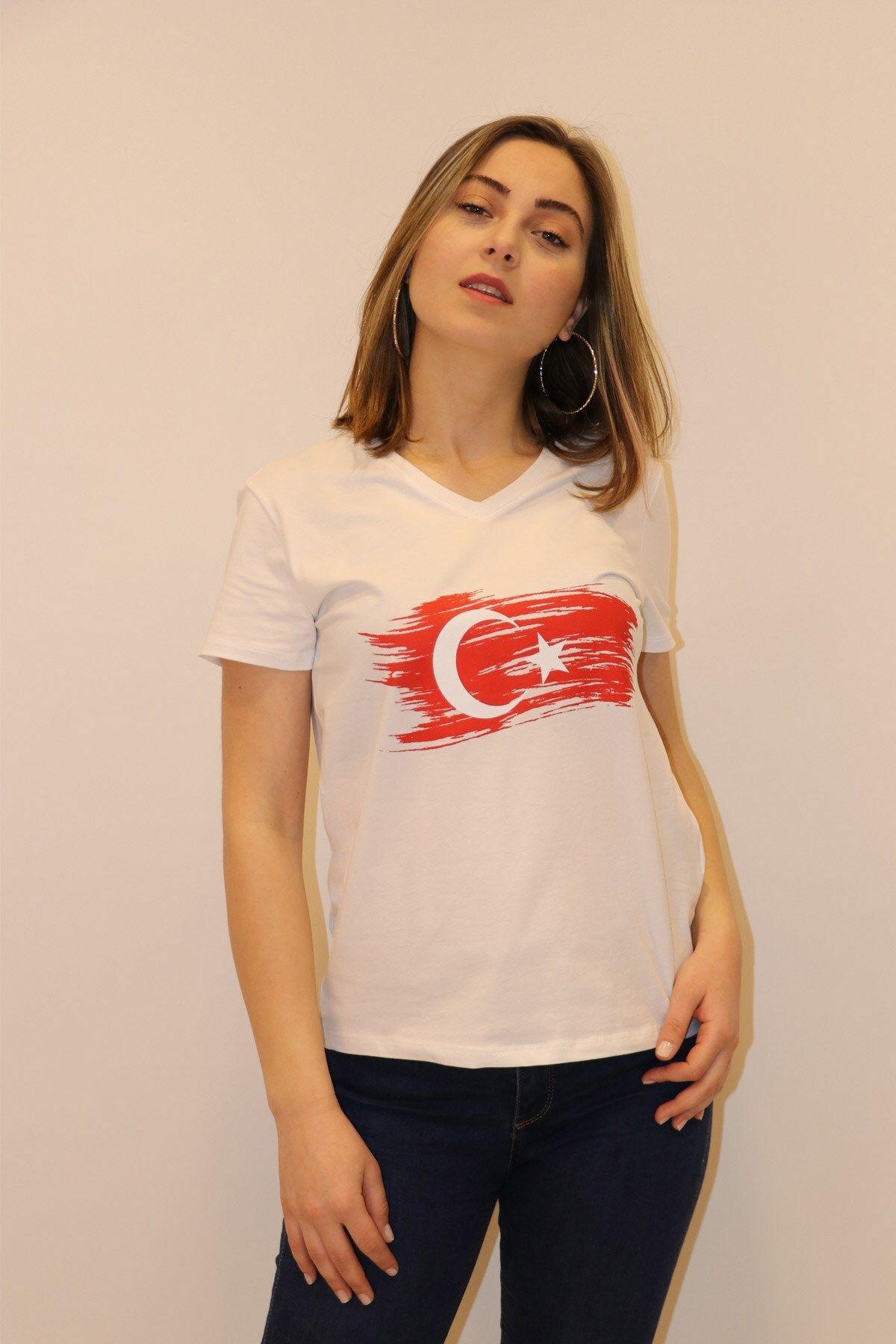 Rich Kadın V Yaka T-shirt %100 Pamuk Tişört