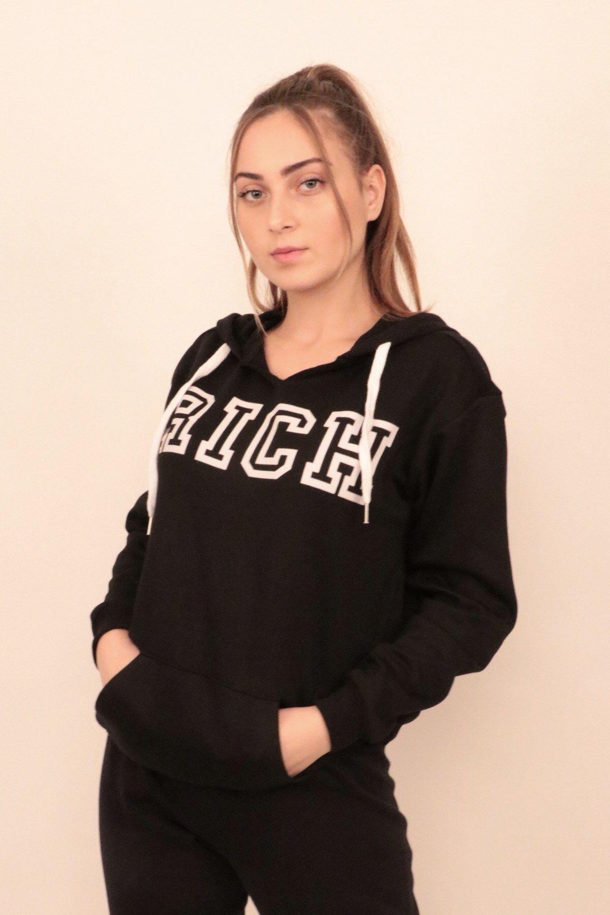 Siyah Kadın Baskılı Kapüşonlu Sweatshirt