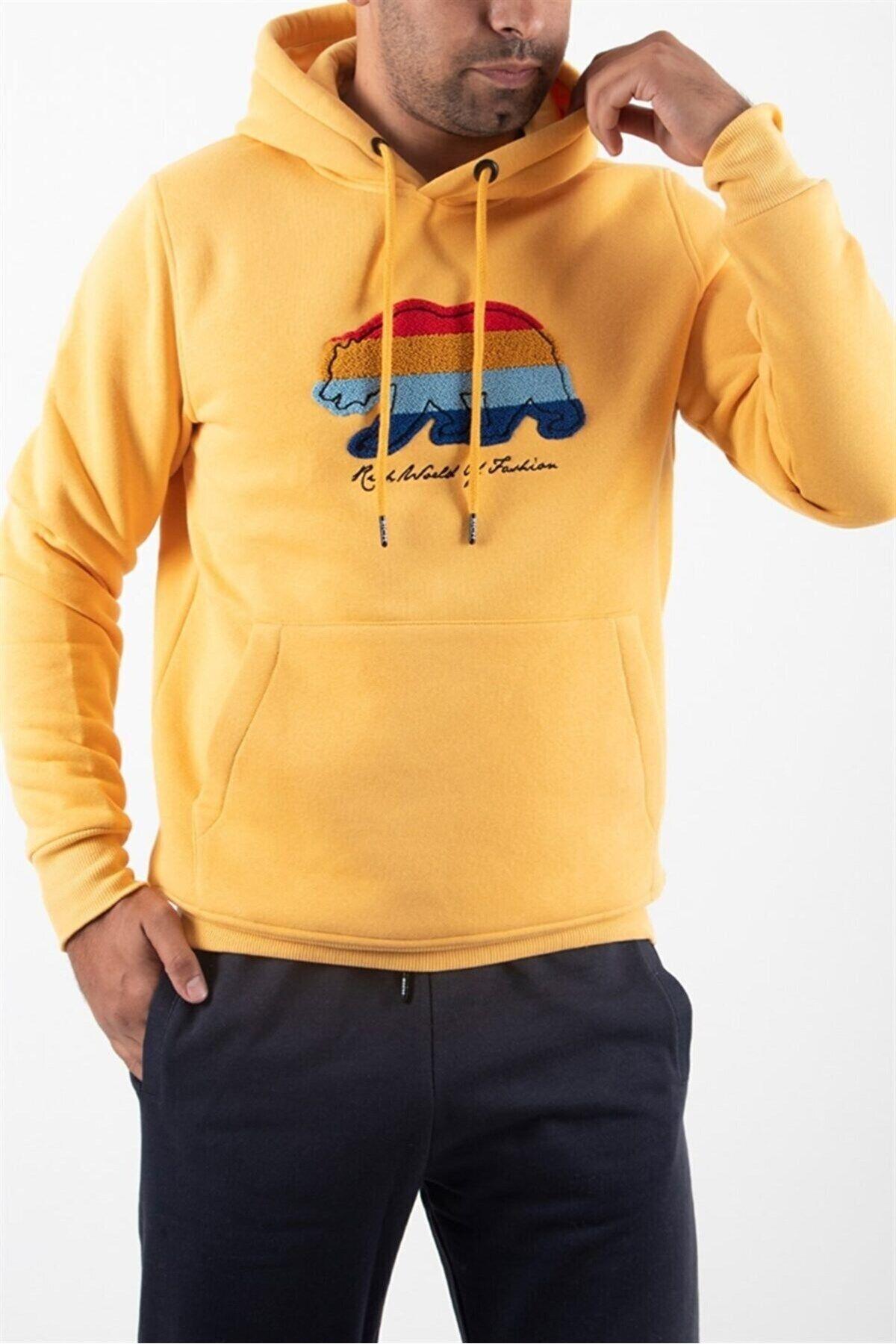 Süzene Nakış Ayı Baskılı Kapüşonlu Hardal Sweatshirt Polarlı