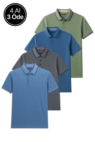 Erkek 4'lü Paket Cepsiz Polo Yaka T-shirt Dar Kesim Nefes Alan Kumaş Kıvrılmaz Yaka Tişört