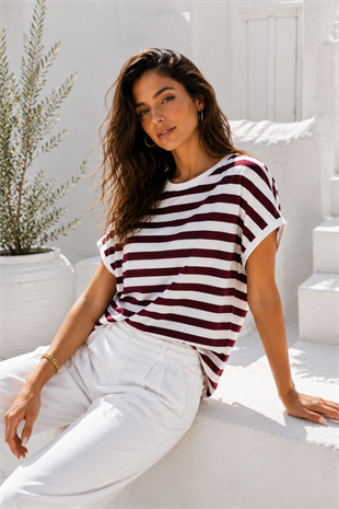 Kadın Bordo Beyaz Çizgili Yarasa Kol T-Shirt | Şık Basic Tişört