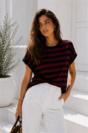Kadın Bordo Siyah Çizgili Yarasa Kol T-Shirt | Şık Basic Tişört