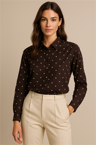 Kadın Kahverengi Kalp Desenli Oversize Uzun Kollu Gömlek