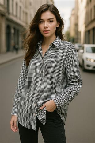 Kadın Siyah Beyaz Kareli Oversize Gömlek Relaxed Over Fit Ekoseli Gömlek