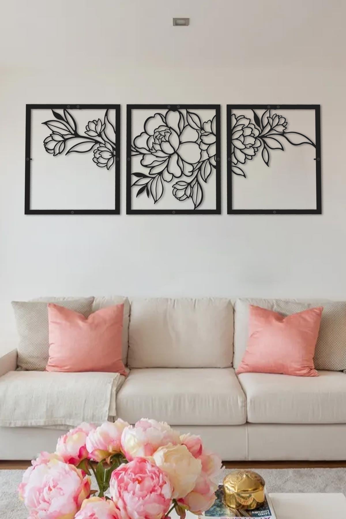 Metal Çiçek Tablo Üçlü Set Gül Dalı 94x35 cm