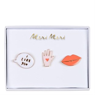 Meri Meri - Lips, Hand & Bubble Enamel Pins - Dudak & El & I Like You Broşlar