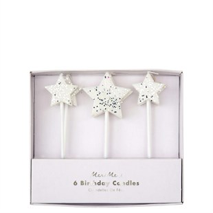 Meri Meri - Silver Glitter Star Candles - Gümüş Simli Yıldız Mumlar - 6lı