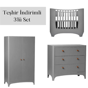 TEŞHİR İNDİRİMLİ/ Leander 3'lü Set / Leander Classic Dolap & Leander Classic Büyüyen Çocuk Karyola & Leander Classic Şifonyer, Gri 