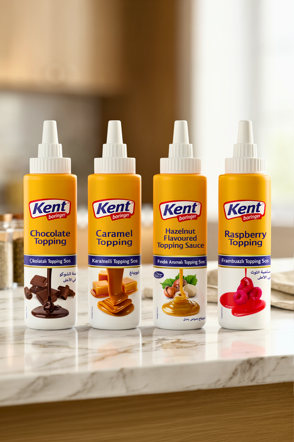 Kent Boringer Topping Sos 4'lü Avantajlı Set (Çikolatalı-Karamelli-Fındıklı-Frambuazlı) 300 Gr X4