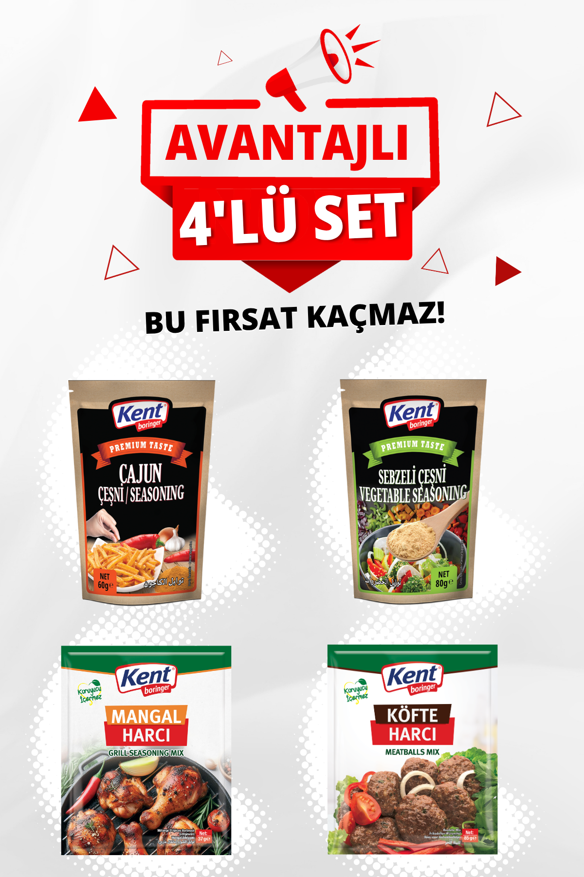 Mangal Lezzet Avantajlı 4'lü Set(Cajun Çeşni-Sebzeli Çeşni-Mangal Harcı-Köfte Harcı)