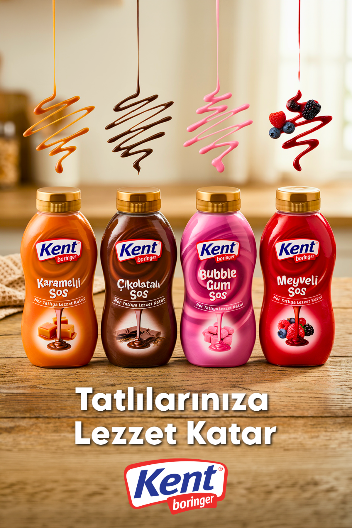Kent Boringer Topping Sos 4'lü Avantajlı Elips Set (Karamelli-Çikolatalı-Bubble Gum-Meyveli) 325Gr