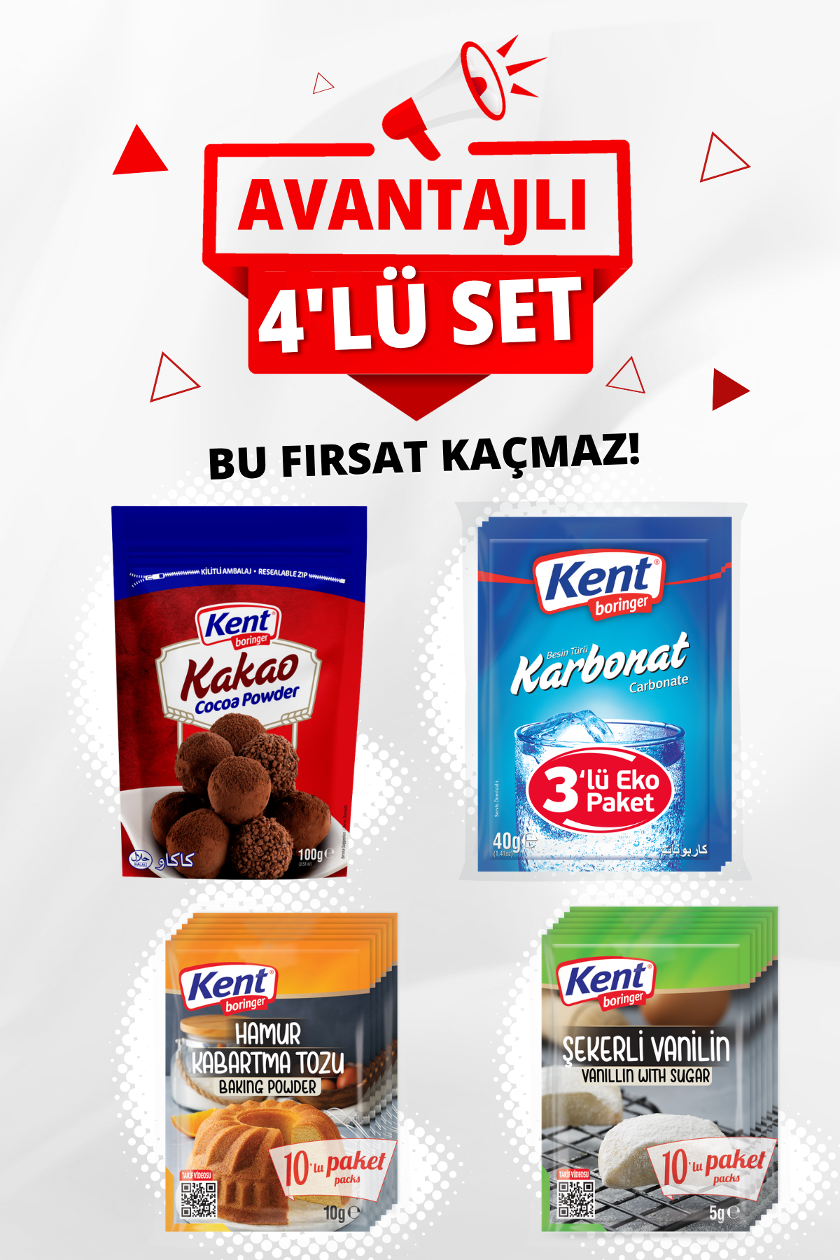 KentBoringer Pasta Yardımcıları Avantaj 4'lü Set(Kakao-Hamur Kabartma tozu-Karbonat-Şekerli Vanilin)