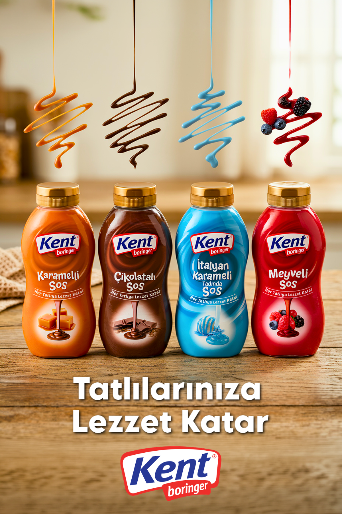 KentBoringer Topping Sos 4'lü Avantajlı Elips Set(Karamelli-Çikolatalı-İtalyanKarameli-Meyveli)325Gr X4