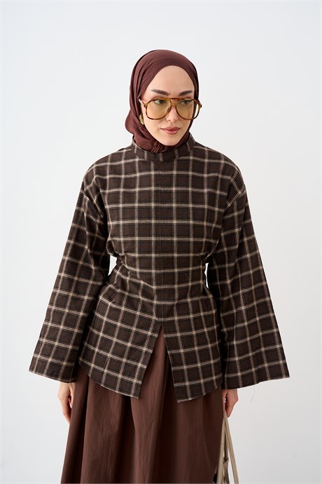 Ekose Desen Bel Bağlamalı Tunik Kahverengi