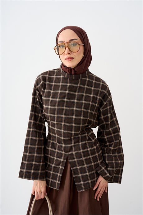 Ekose Desen Bel Bağlamalı Tunik Kahverengi