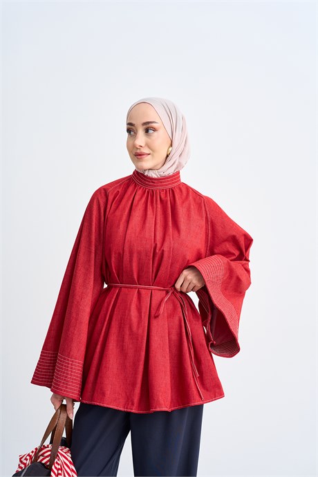 Dikiş Detaylı Bel Bağlamalı İnce Kot Tunik Kırmızı
