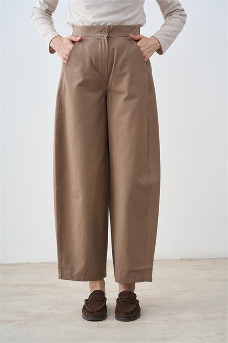 Beli Lastikli Çift Cepli Baggy Pantolon Vizon