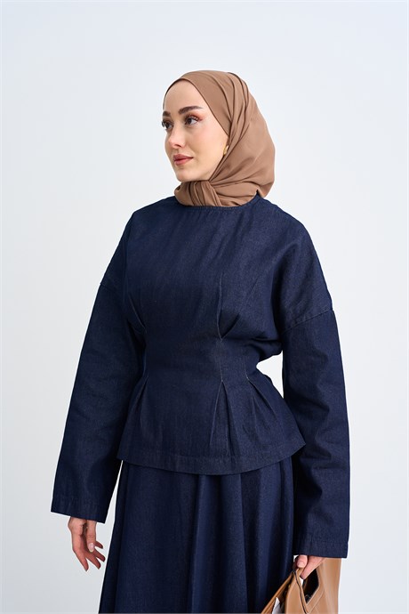 Beli Pileli Kot Etekli Takım Lacivert
