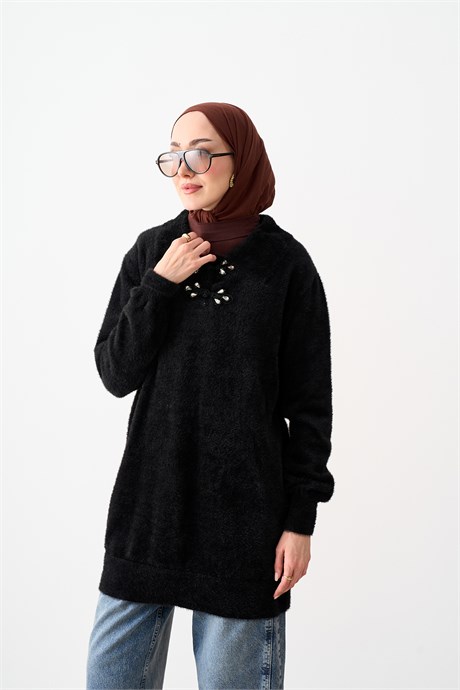 Angora Gömlek Yaka Düğme Detaylı Triko Tunik Siyah