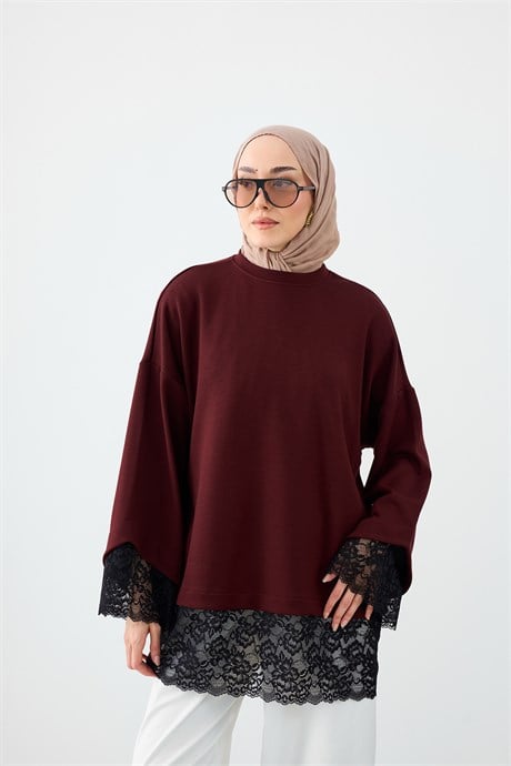 Dantel Detay Uzun Kollu Tişört Mürdüm