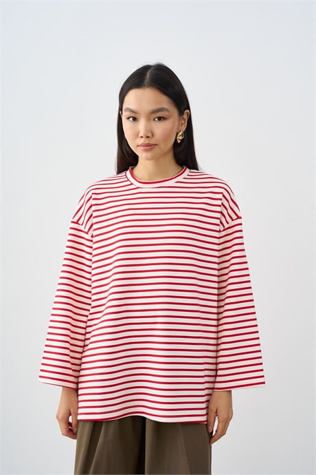Kontrast Çizgili Bisiklet Yaka Oversize Sweatshirt Kırmızı