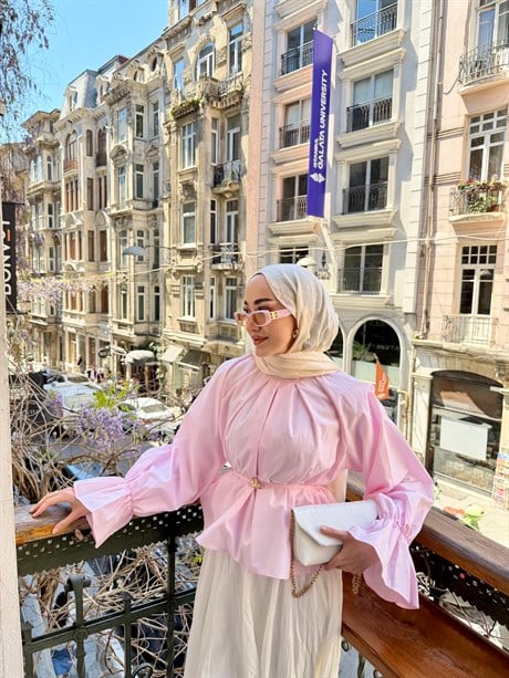 Bel Lastikli Pile Detay Bel Bağlamalı Bluz Pembe