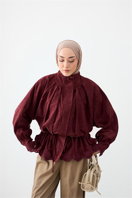 Süet Dik Yaka Ceket Bordo