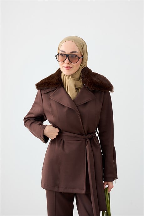 Peluş Yaka Bel Bağlamalı Scuba Takım Kahverengi