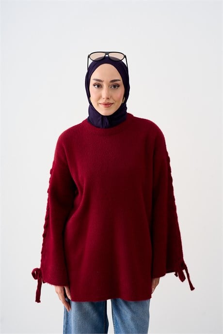 Bilek Kurdele Detay Triko Tunik Mürdüm