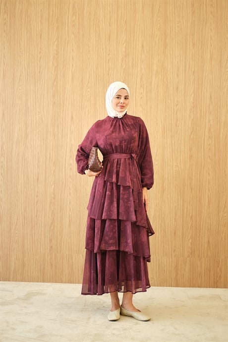 Desenli Bel Bağlamalı Elbise Bordo