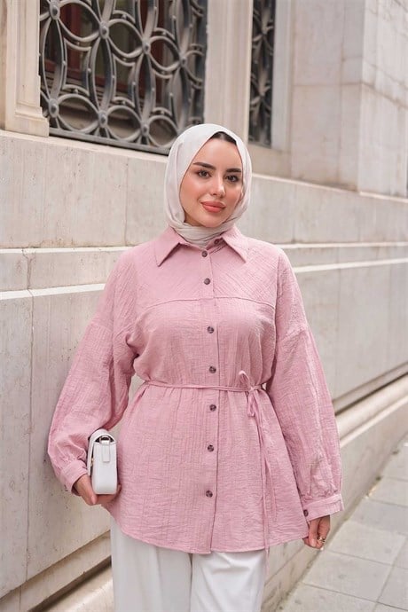 Kendinden Desenli Bel Bağlamalı Gömlek Pembe