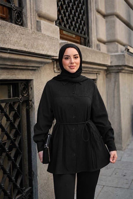 Lotus Çiçek Desen Bel Bağlamalı Gömlek Siyah