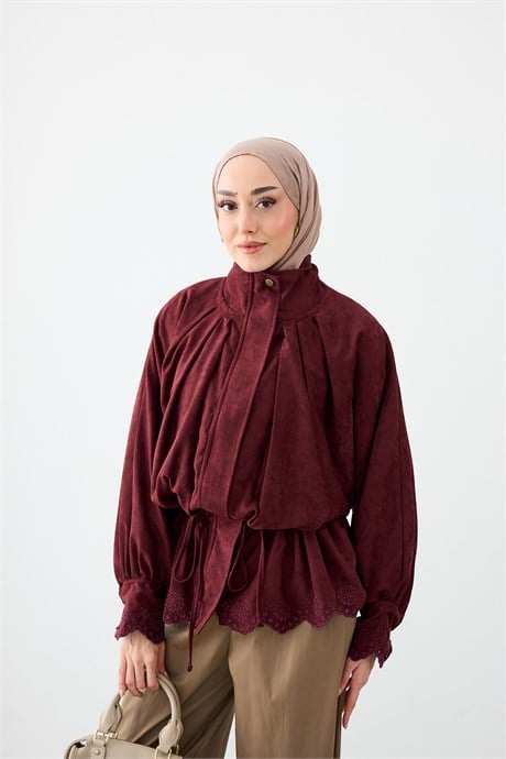 Süet Dik Yaka Ceket Bordo